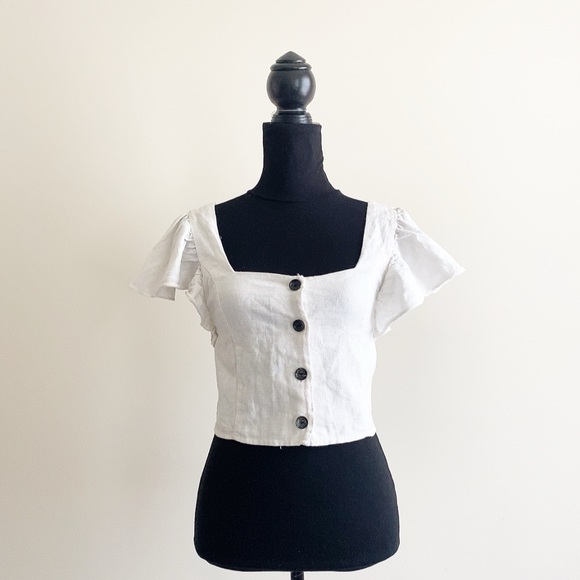 Zara Tops - Vintage Zara Flutter Sleeve Blouse – Off White, Size Small, linen cotton